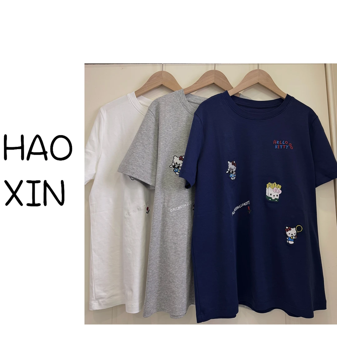 HX《喵喵》春季新款经典喵喵重工刺绣百搭圆领短袖T女