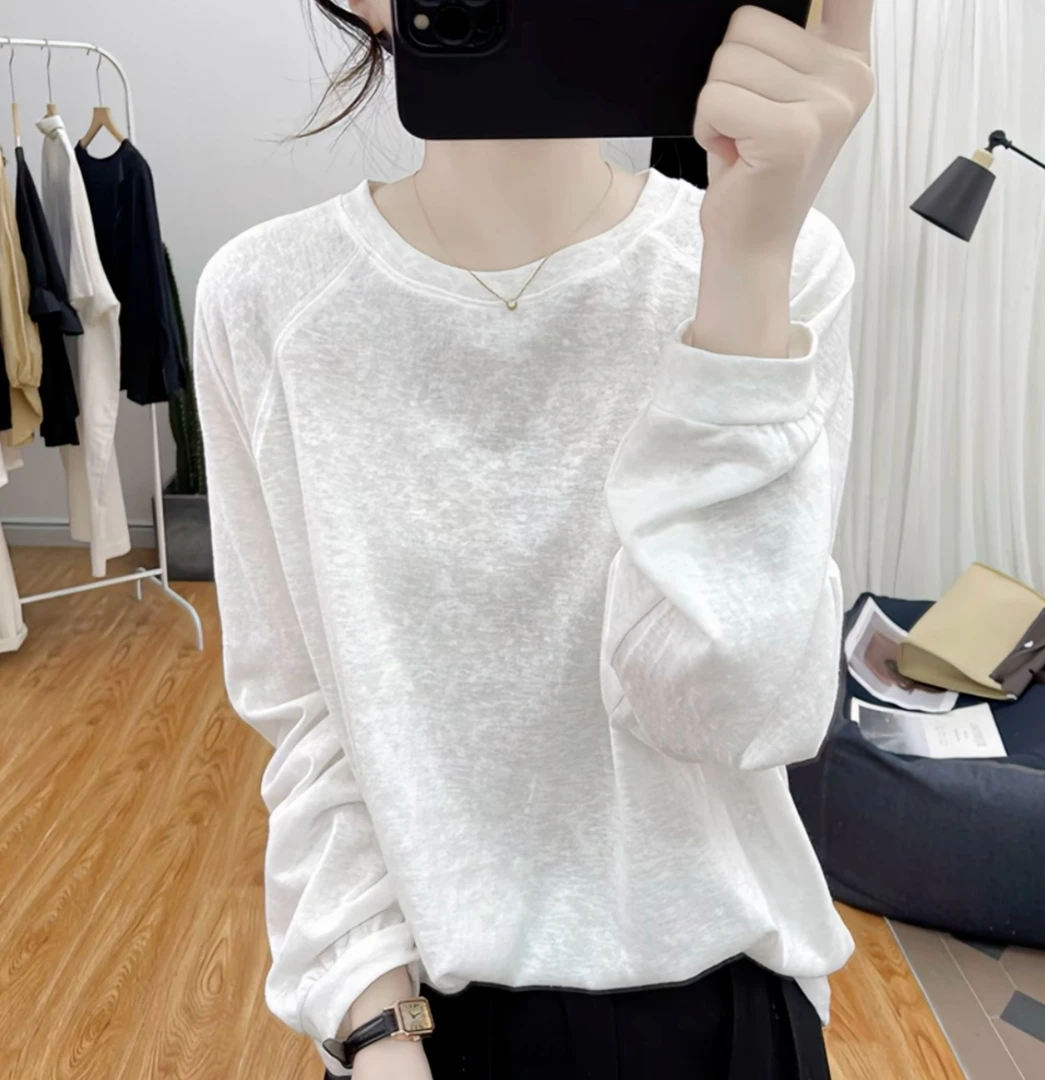 纯色长袖静奢风复古百搭基础长袖T恤休闲时尚白色薄款打底衫圆领