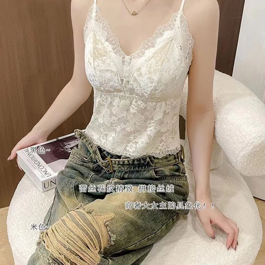 冬季新款蕾丝金钻绒固定杯垫长宽美背内衣吊带背心领大胸显小内衣