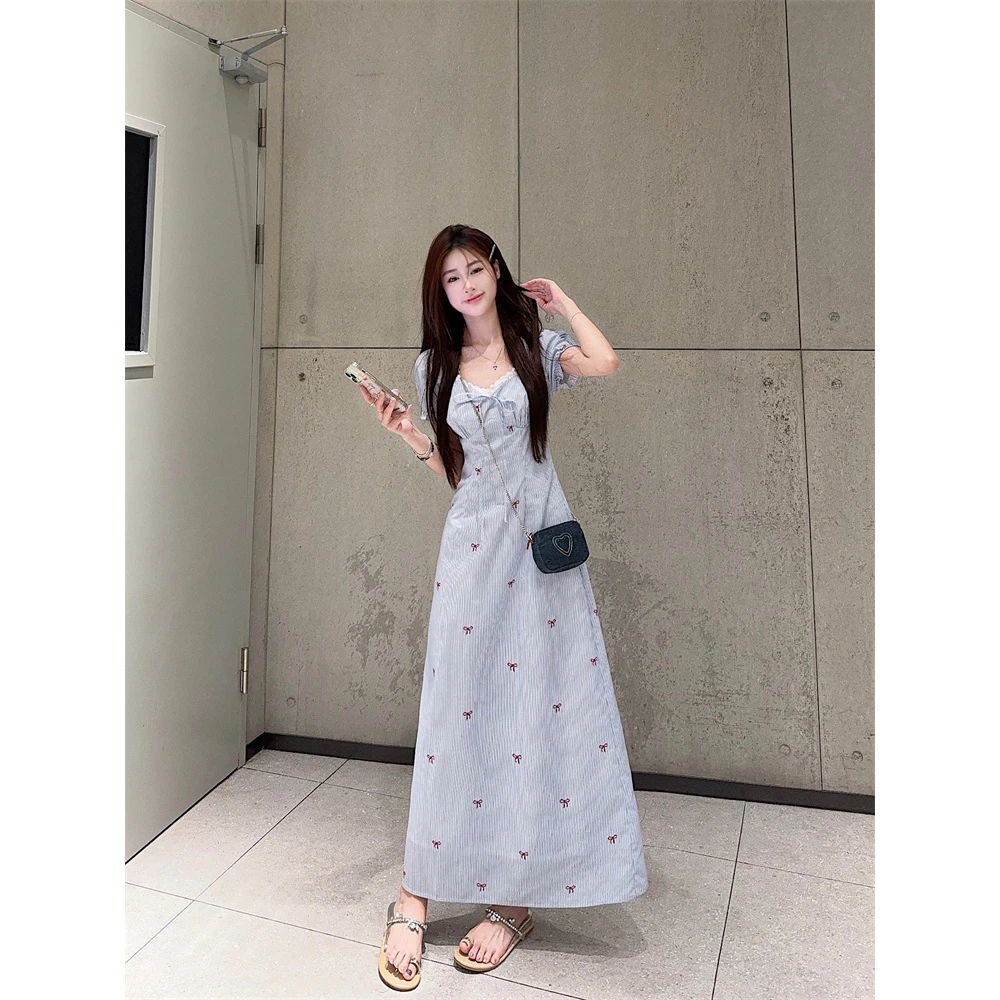 轻奢韩系小清蕾丝花边领蝴蝶结印花连衣裙女夏季短袖长裙超火的