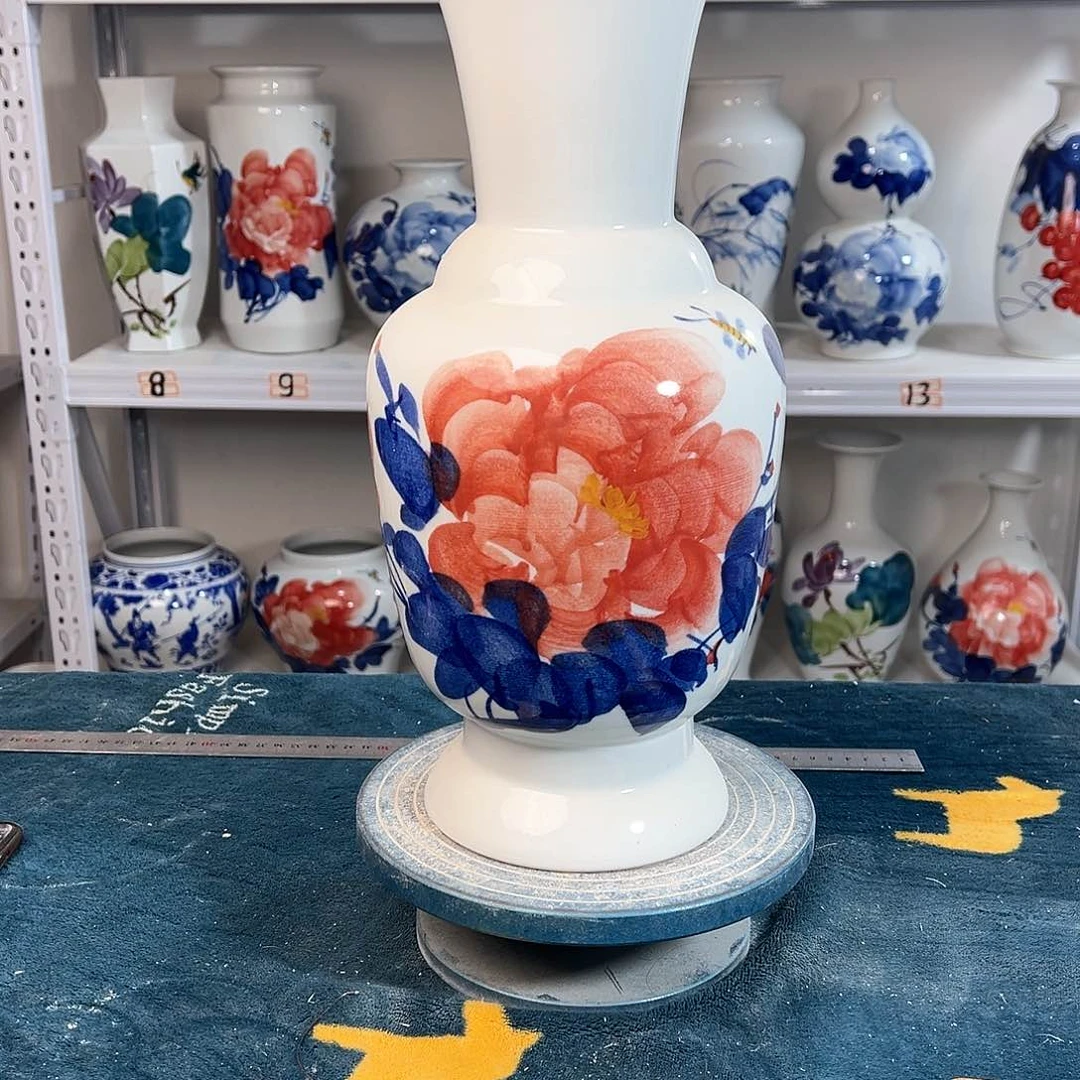 摆件景德镇陶瓷花古红牡