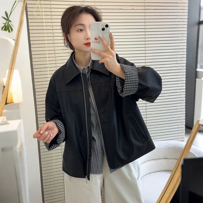 春季机车流行复古高级感显瘦黑色皮衣外套女休闲宽松百搭夹克上衣