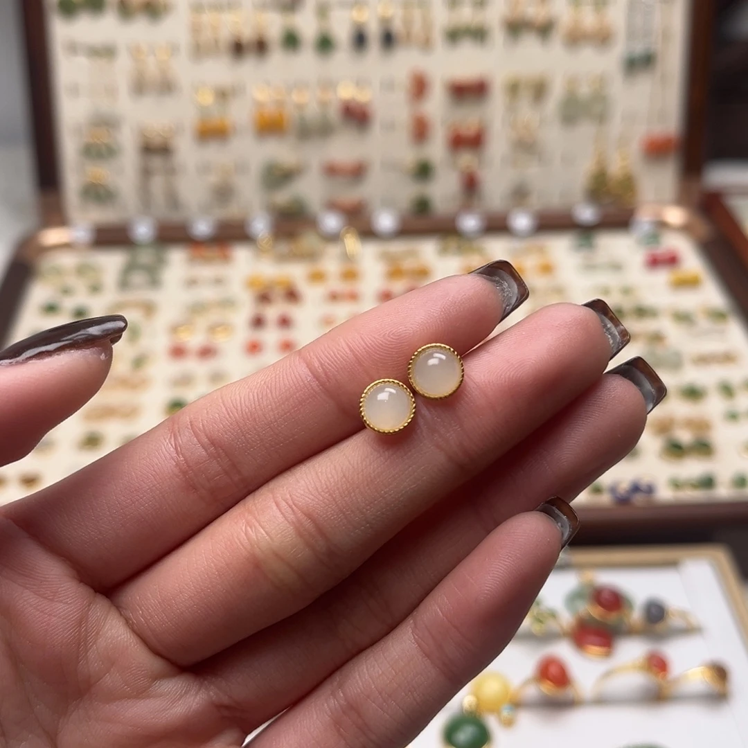 和田玉银S925镀金镶嵌耳坠