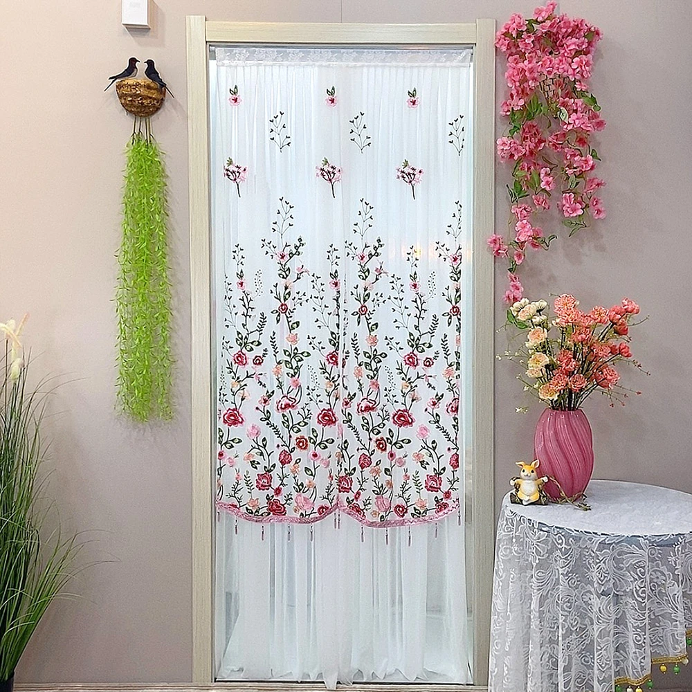 高定刺绣花卉半截纱帘免打孔卧室门口氛围感隔断帘