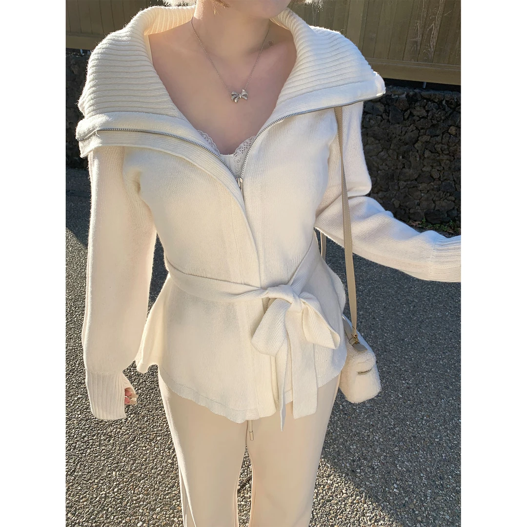 酒心微胖定制  韩女毛衣 50羊毛收腰拉链翻领温柔氛围感针织上衣