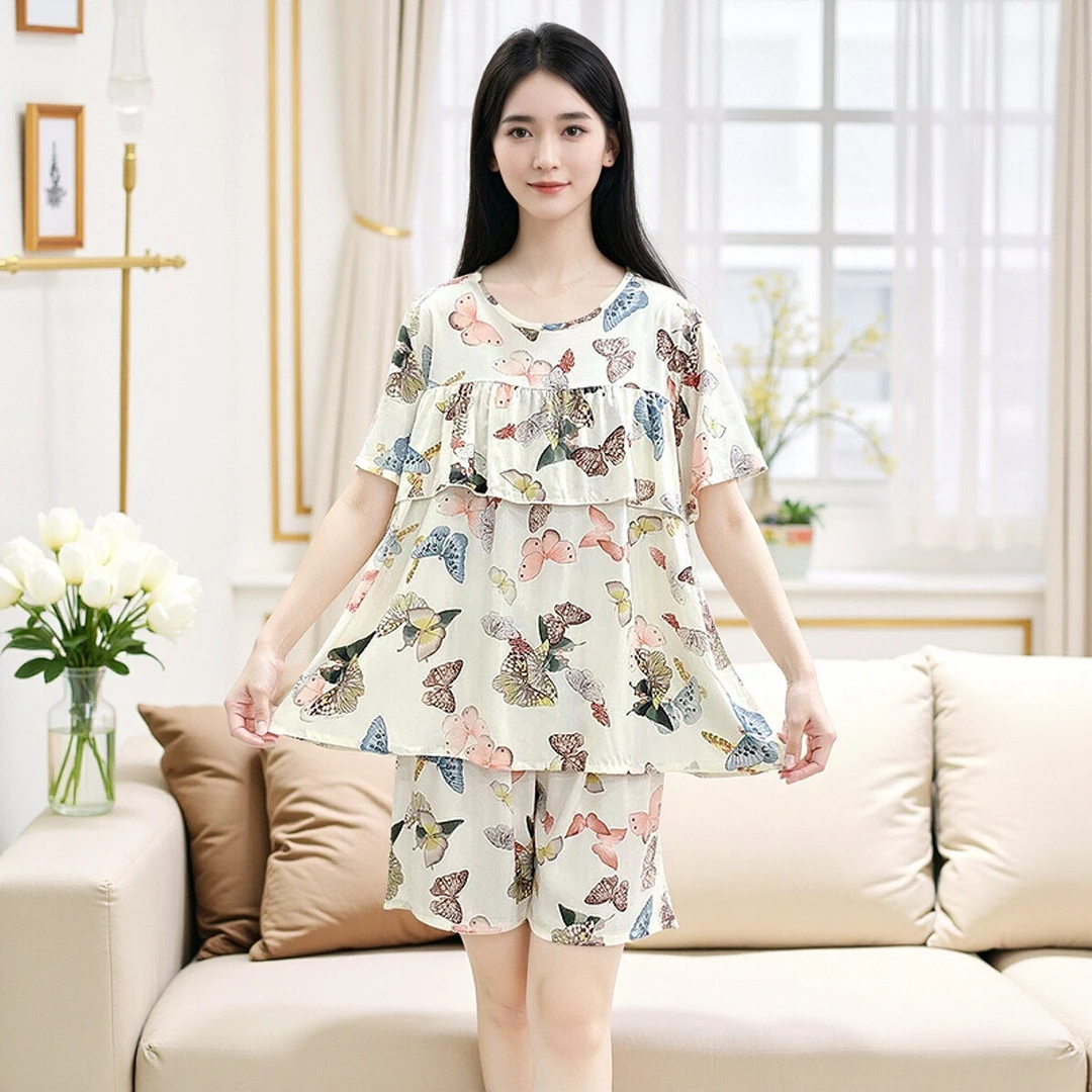 人造棉夏季睡衣女防凸点棉绸大码印花家居服妈妈可外出免胸垫Y116