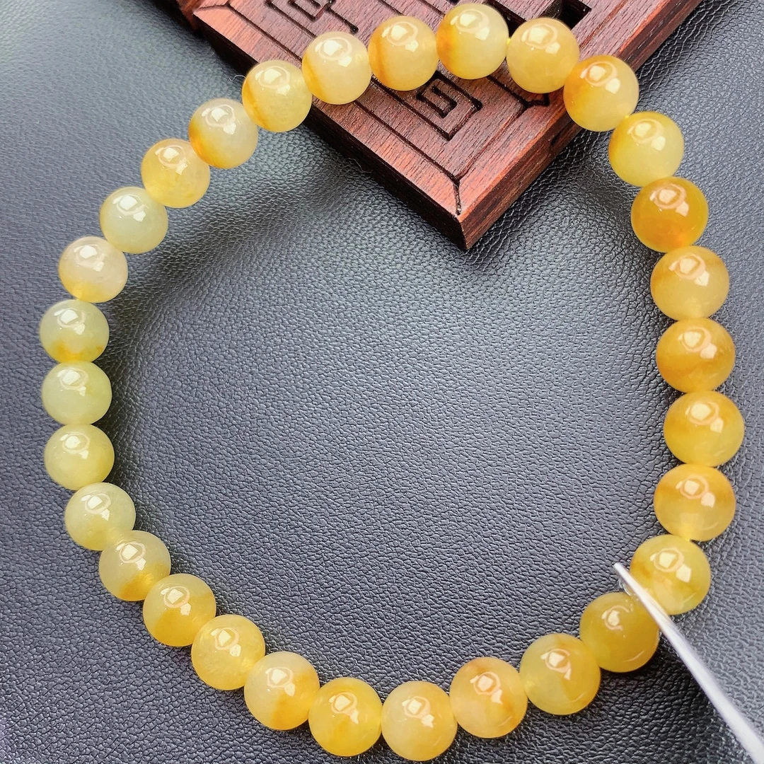 四会 缅甸A货翡翠冰种黄色渐变黄翡圆珠手链手串T/6mm