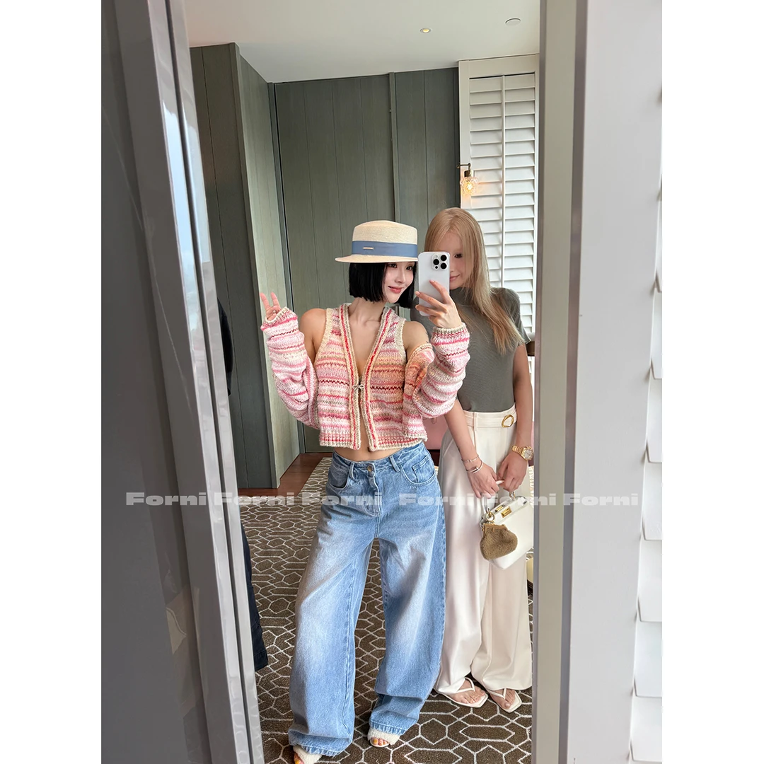 FORNI 樱花小香 优雅肌理感小香风条纹针织开衫马甲两件套