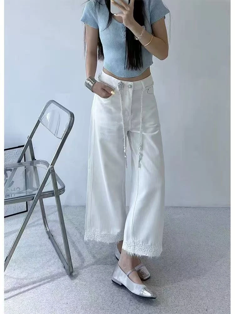 若钰9063-1高腰薄款牛仔裤蕾丝勾花拼接宽松显瘦直筒休闲九分