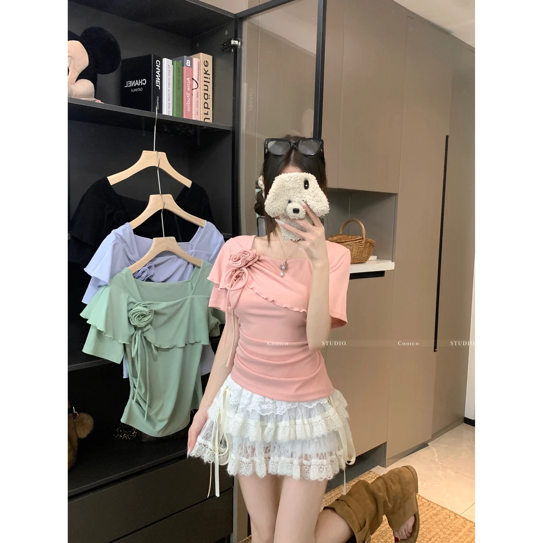 【优芭拉】大码胖mm欧若风遮肚短袖T恤夏季宽松高级感显瘦上衣