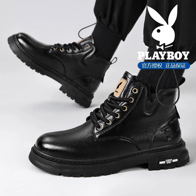 花花公子马丁靴2025新款冬季黑色休闲运动男靴厚底防滑增高工装靴