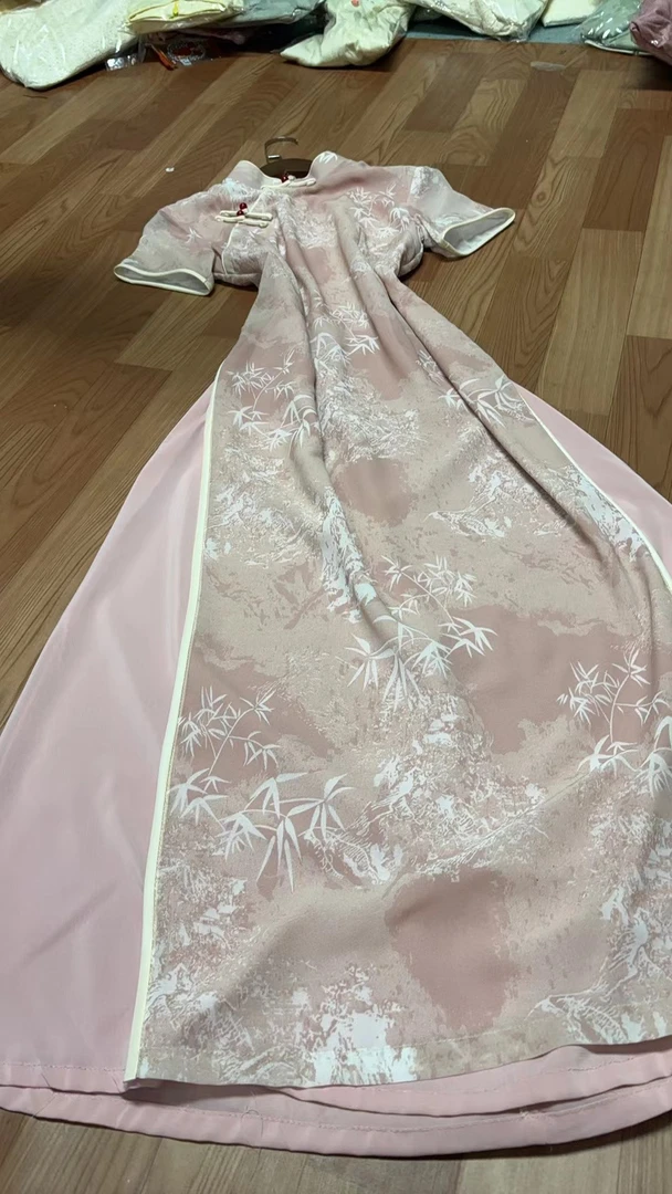 544-粉色 竹叶 轻纱 大奥戴 旗袍