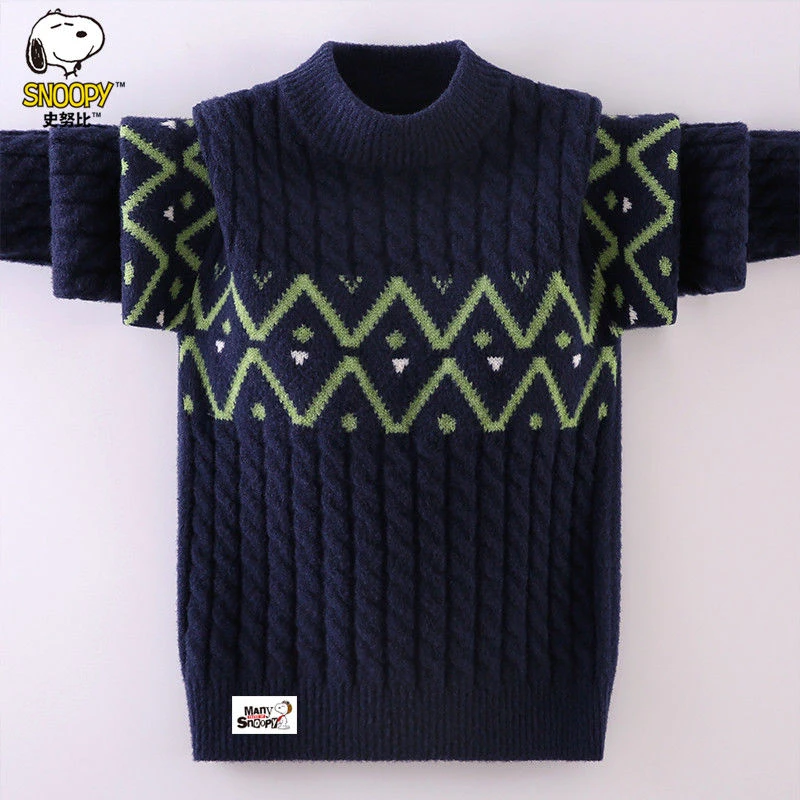 史努比男童毛衣加绒加厚秋冬新款洋气中大儿童男孩圆领针织打底衫