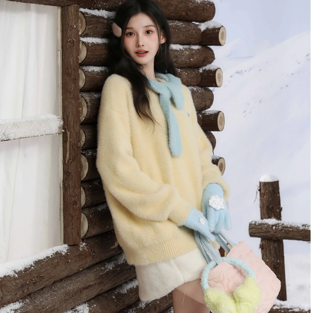 2025新款奶fufu黄色毛衣女秋冬季内搭针织慵懒高级感仿水貂绒上衣