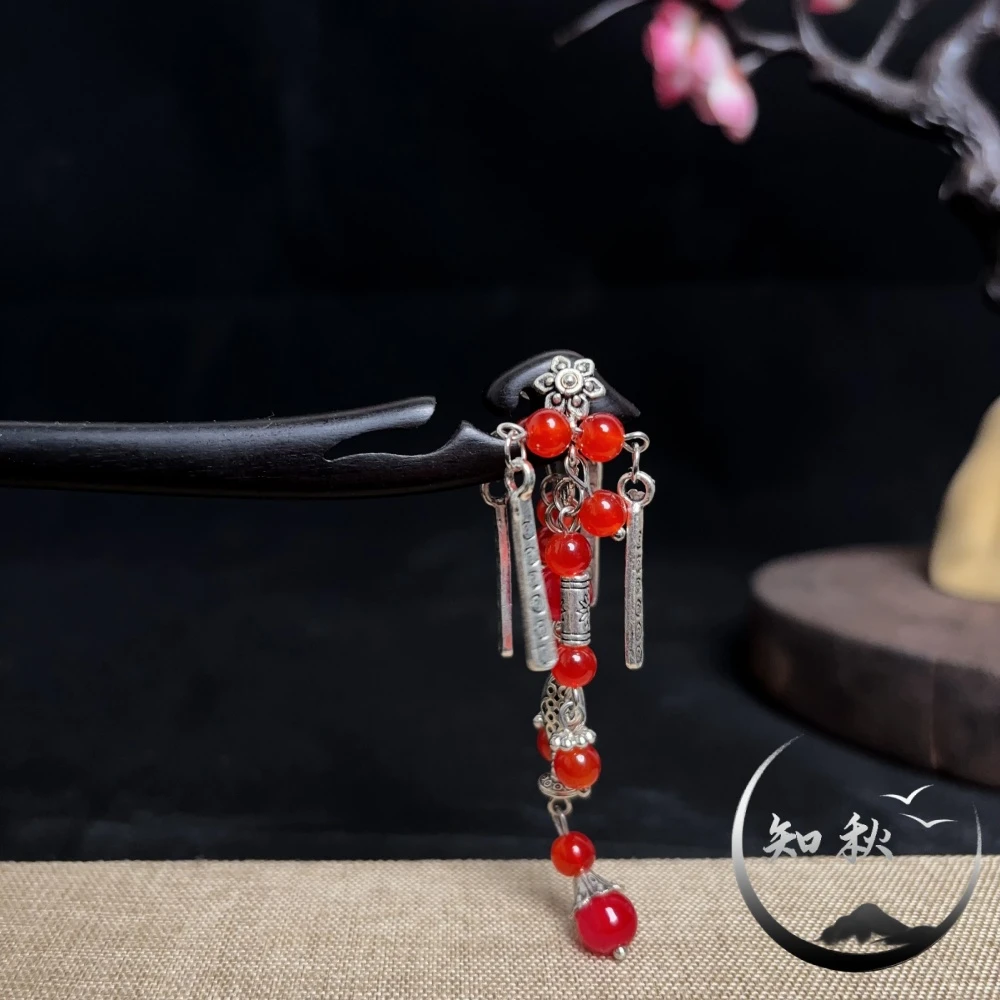 a723【彩云之南-红色】18公分紫光黑檀木新中式古风流苏发簪头饰