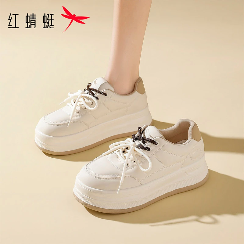 红蜻蜓双鞋带厚底小白鞋女款2025秋季新款时尚板鞋韩版百搭面包鞋