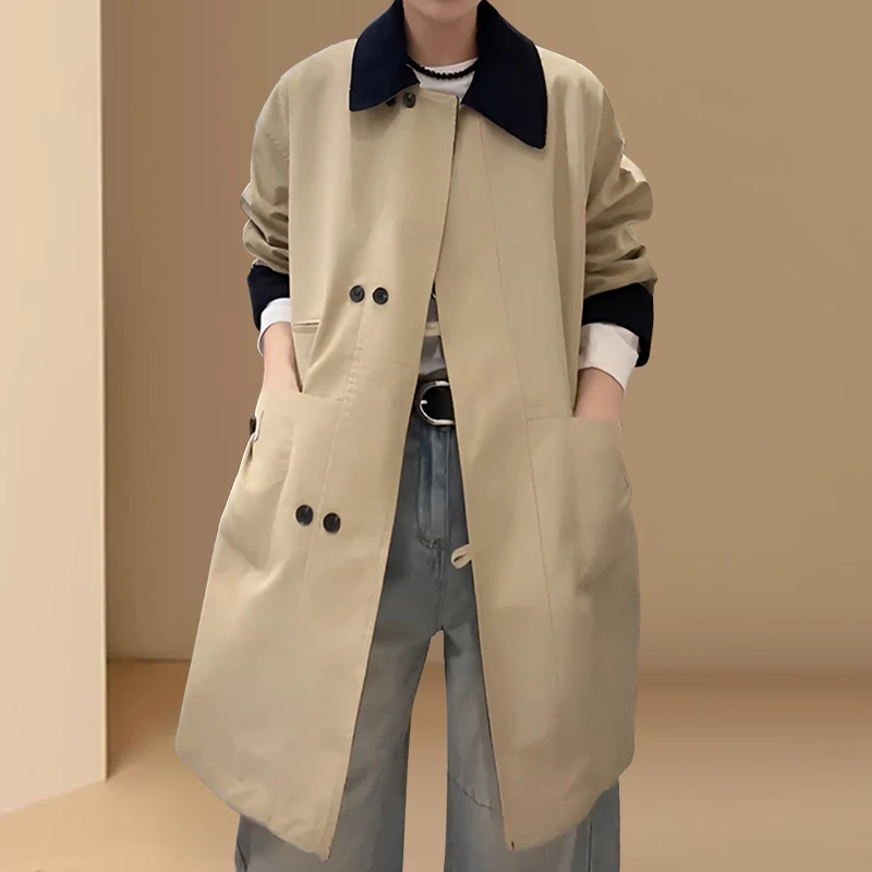 2025春秋季中长款拼接撞色风衣韩版宽松小个子百搭显瘦休闲外套女