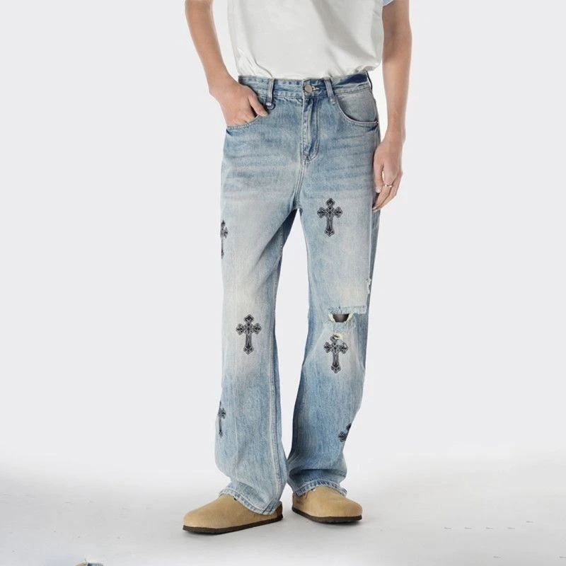 高街牛仔裤男款破洞个性印花宽松直筒潮流水洗美式巴黎风高端牛仔
