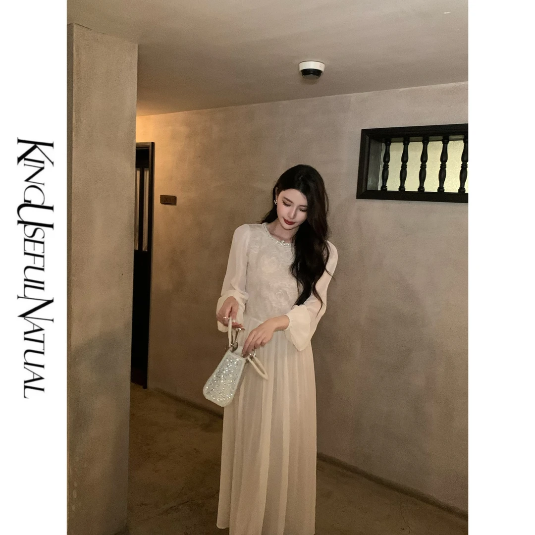 KUN【白玫絮语】独特浪漫 精美肌理蕾丝朦胧压皱薄纱白色长袖连衣裙