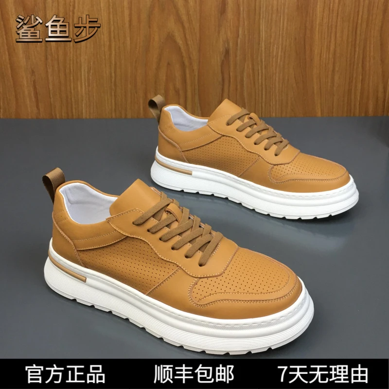鲨鱼步2025夏季新款头层牛皮透气镂空轻便软底板鞋低帮鞋潮鞋男鞋