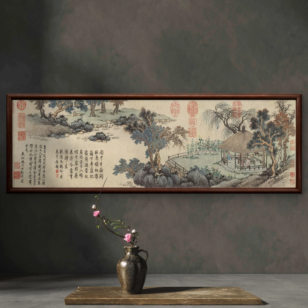 9922-40*120盆菊幽赏图中式装饰画实木框玄关书房茶室客厅挂画