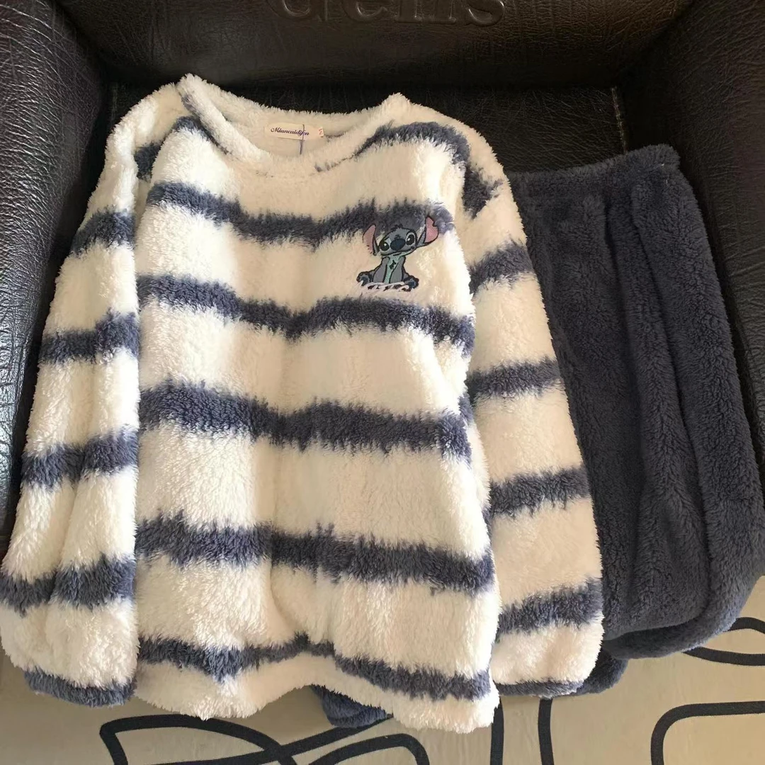 条纹史迪仔珊瑚绒睡衣女秋冬季加绒加厚休闲甜美男女款家居服套装