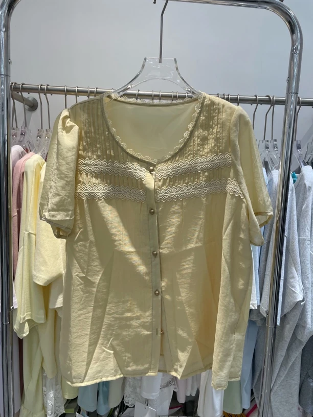 8995蕾丝边褶皱方领泡泡袖洋气减龄