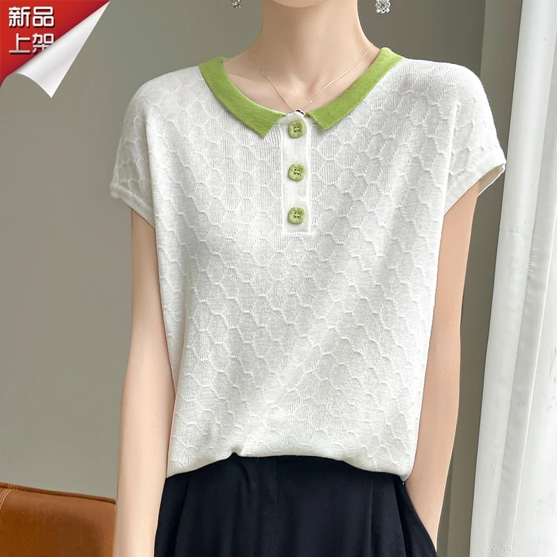 哥弟阿玛施正品夏季撞色娃娃领短袖T恤气质休闲新款短袖女针织衫