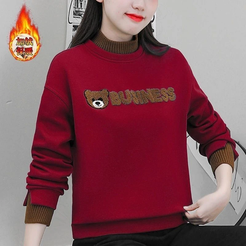 加绒加厚卫衣女秋冬2025假两件新款小熊宽松刺绣设计圆领上衣外套