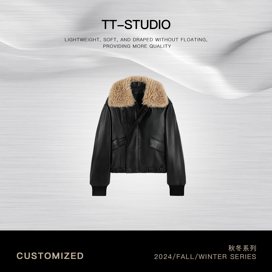 TT【黑标】巴恩风羊皮骆驼绒骆驼毛领皮夹克外套LZ24716