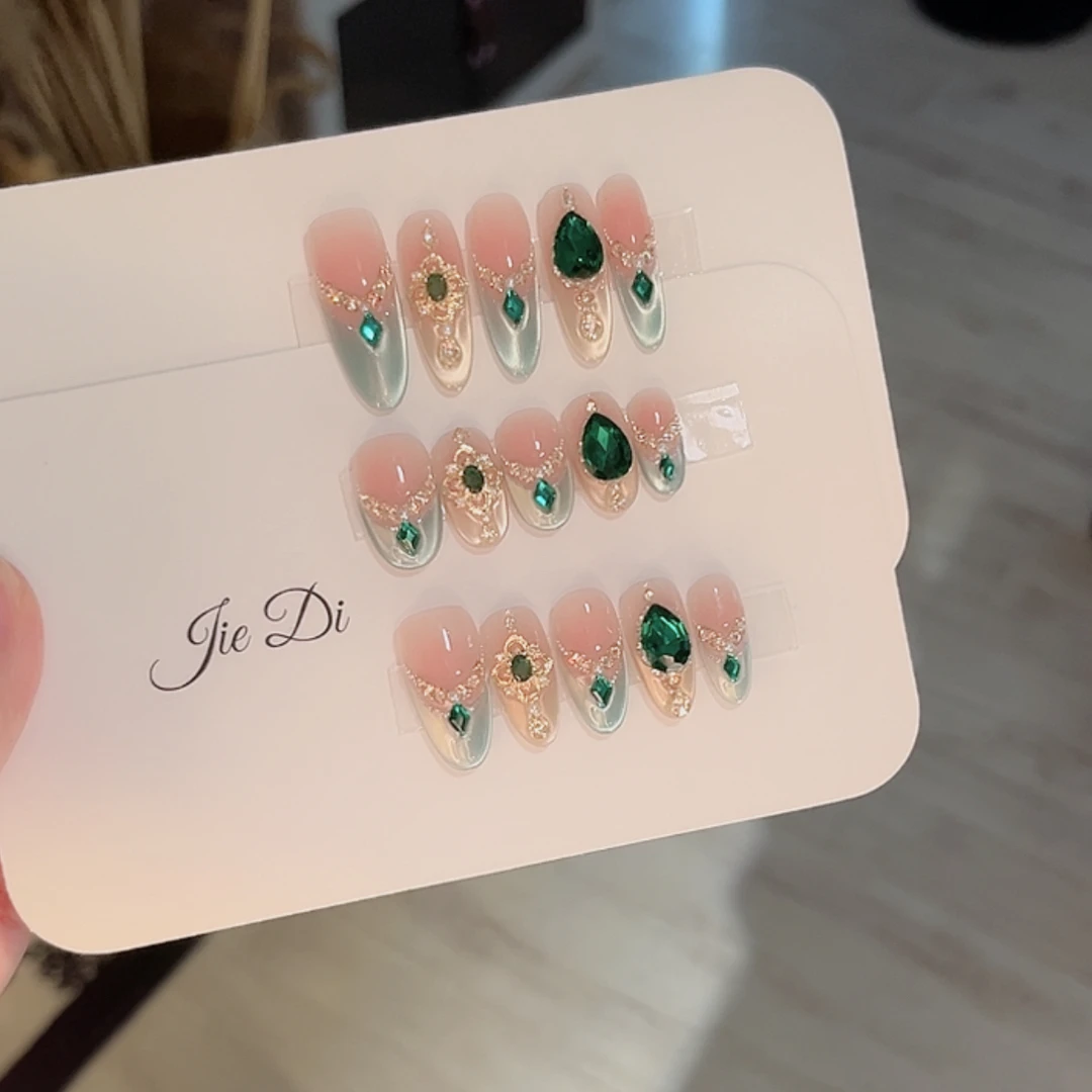 【孔雀翎】姐弟纯手工穿戴美甲轻奢精致绿色宝石钻款BD135