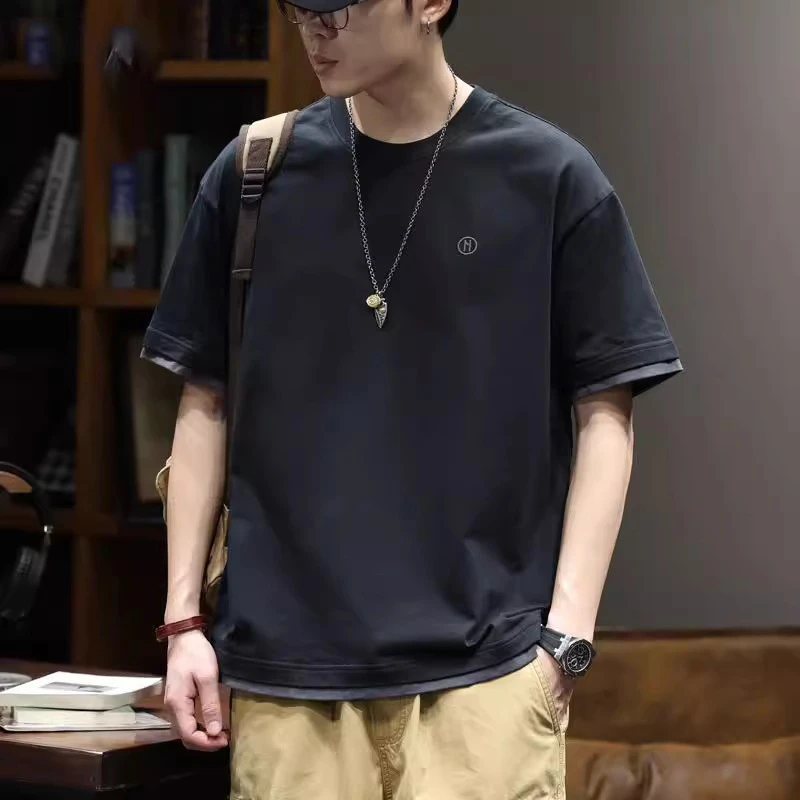 LEIGHZ/雷茨假两件短袖t恤男士夏季宽松圆领时尚上衣重磅半袖体恤