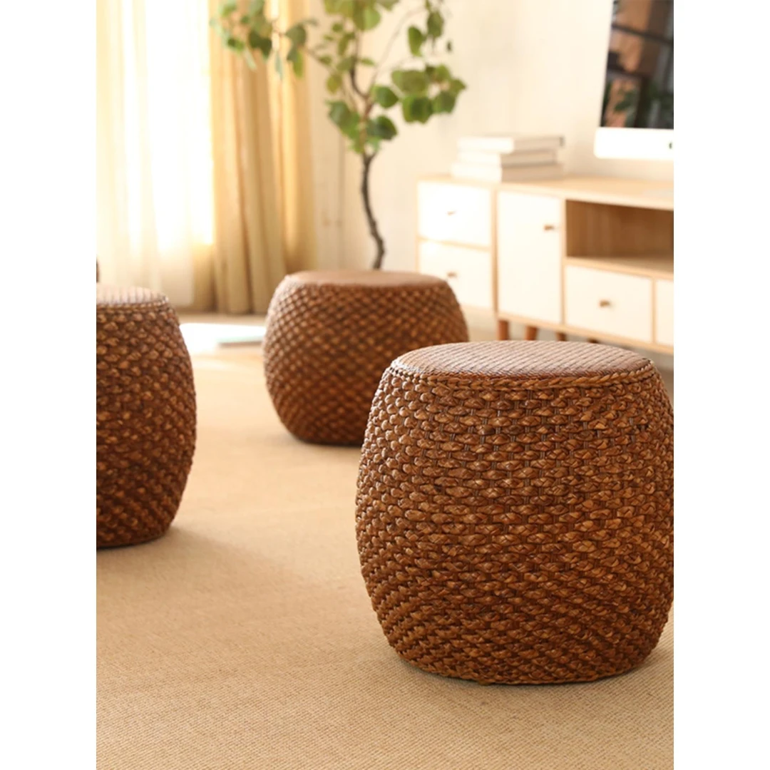 藤中式实木草编化妆矮鼓凳家用客厅茶几换鞋坐墩古筝琴板高凳子