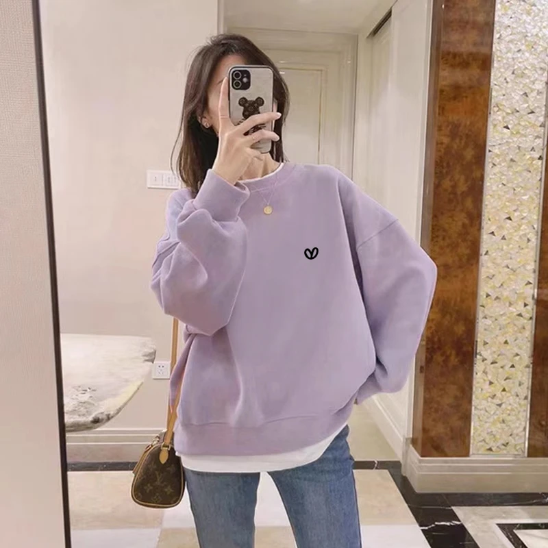 假两件圆领卫衣女2025新款秋冬宽松外套加绒加厚拼接上衣春秋薄款