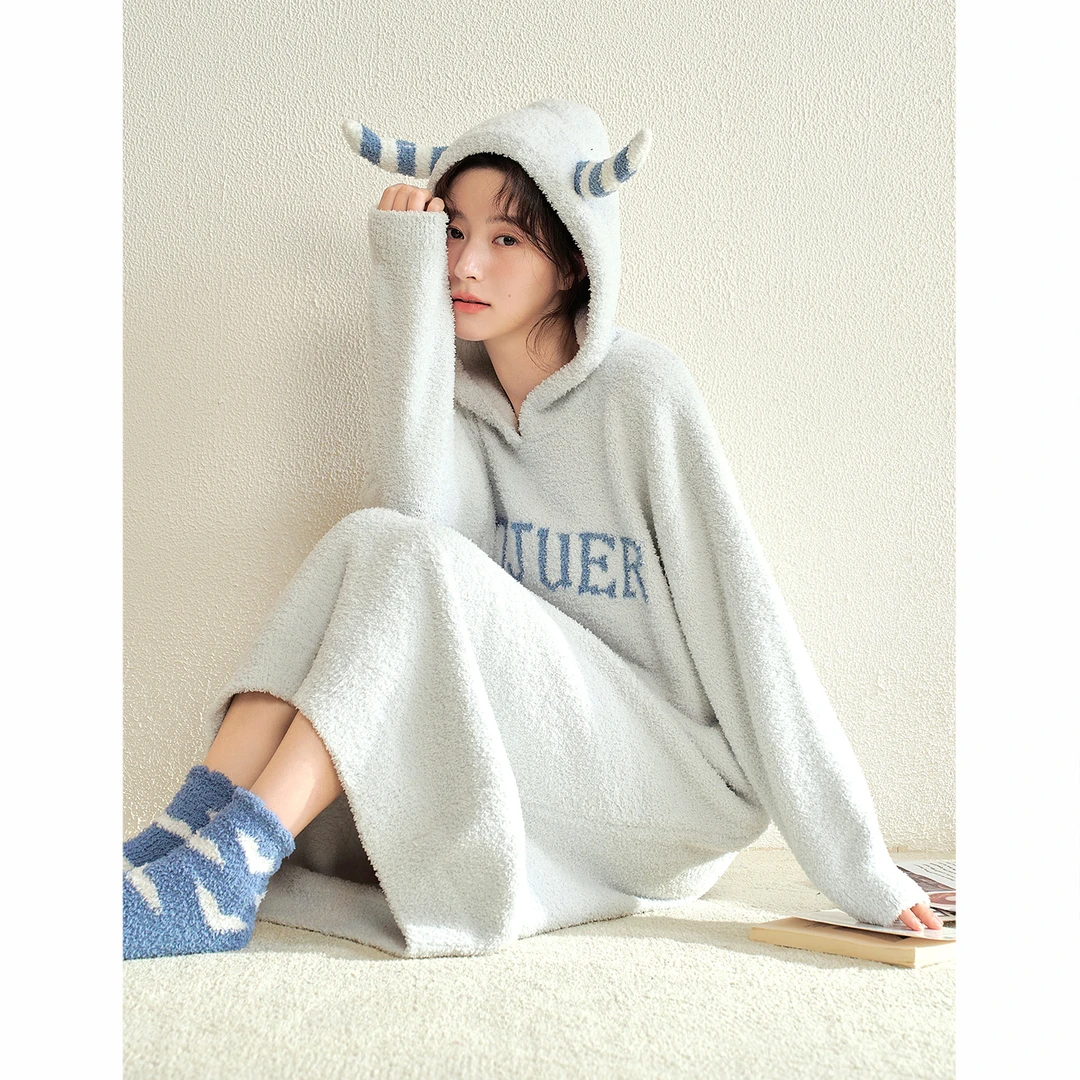 陌娇"奶蓝小恶魔"半边绒睡裙女长款秋冬季可外穿珊瑚绒睡衣家居服