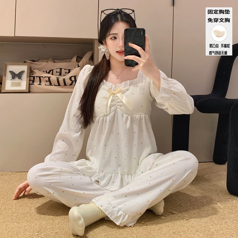 新款自带胸垫睡衣女春秋季长袖长裤甜美公主风套头家居服两件套装