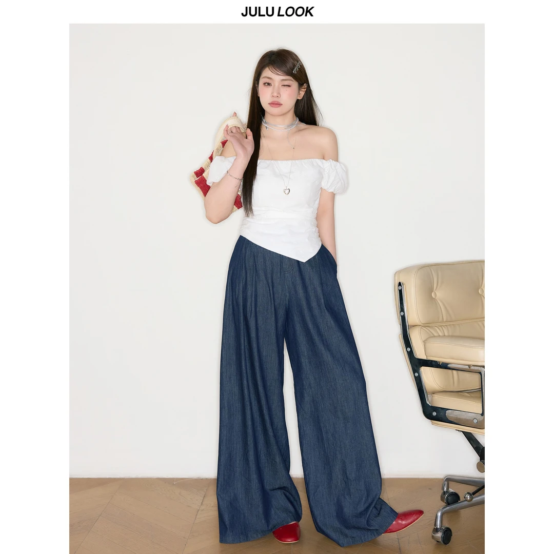 巨鹿工作室“星砂牛奶”微胖mm修身显瘦一字肩T恤上衣/原色牛仔长裤