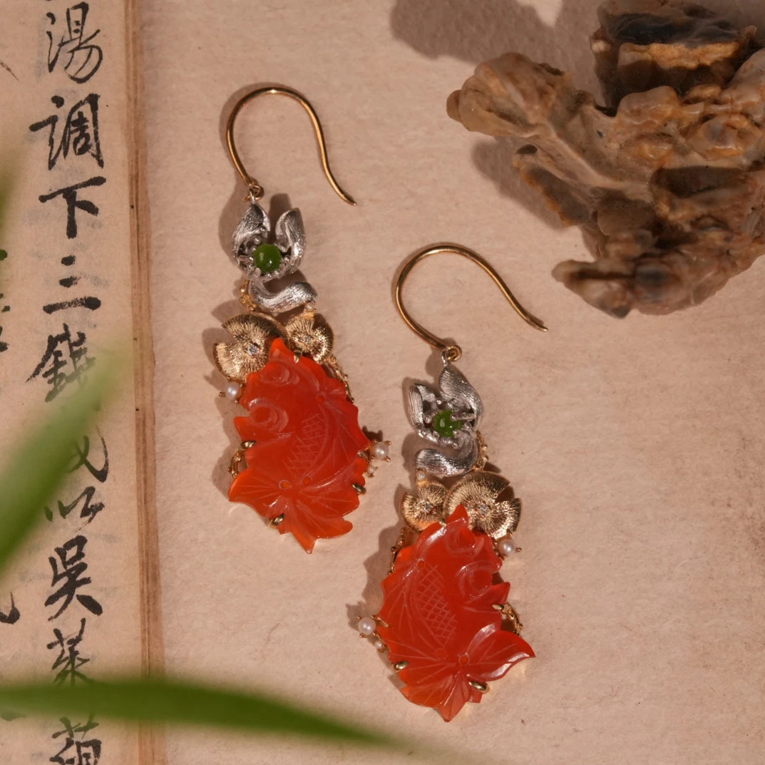 【惜拾妆匣】9k金錾刻兰花花卉纹镶嵌天然玛瑙耳环耳饰简约大气