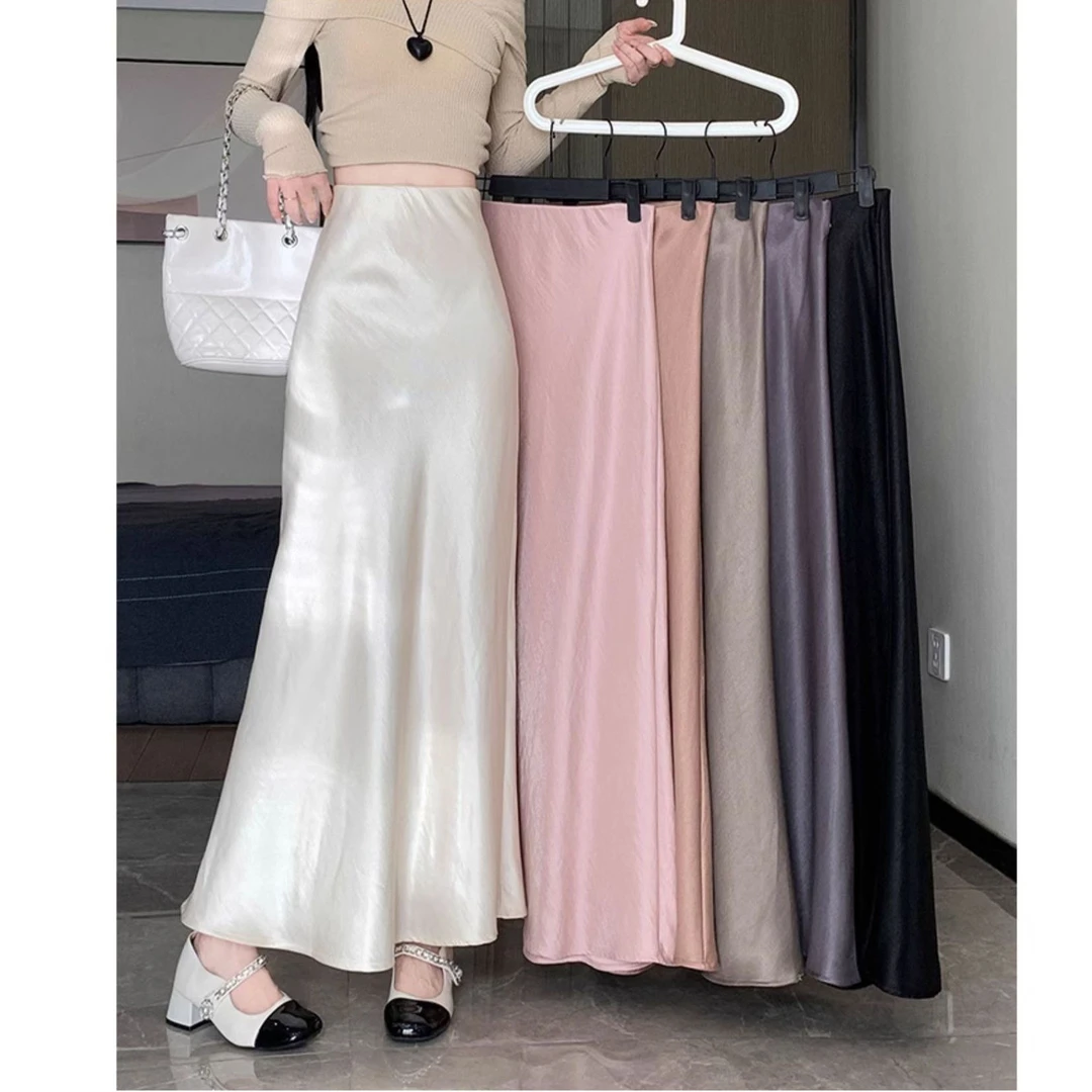 网红珠光缎面鱼尾半身裙女秋冬复合新款高腰垂感百搭半身a字裙669