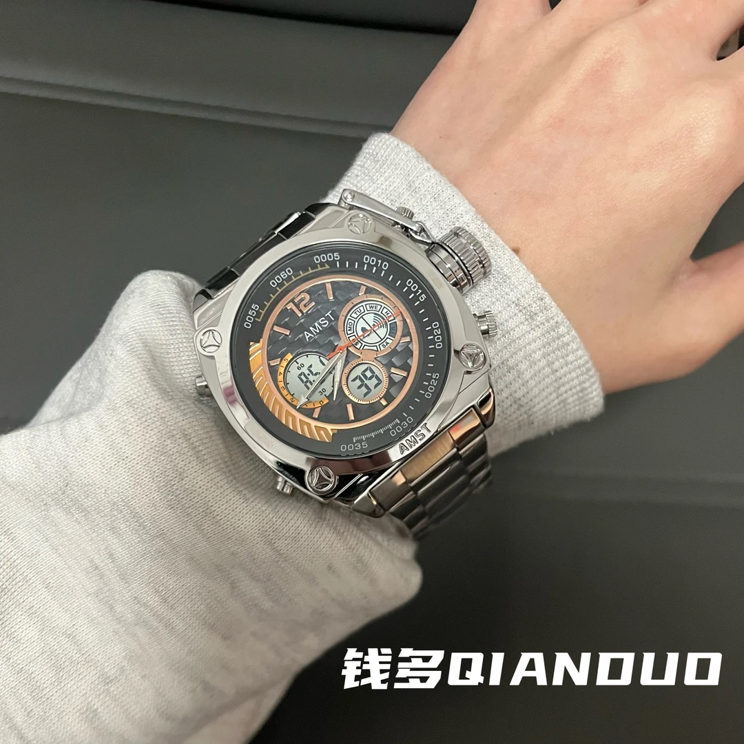 AMST原装正品手表大盘氚气钢带多功能石英霸气男腕表钢男生新款