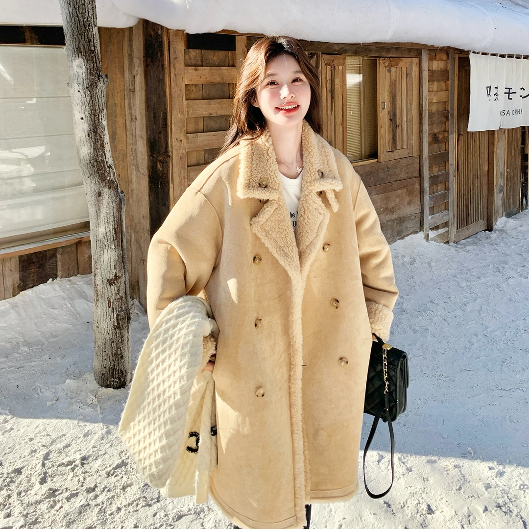 两面穿麂皮绒皮毛一体大衣女2025冬新款复古韩系中长款羊羔毛外套