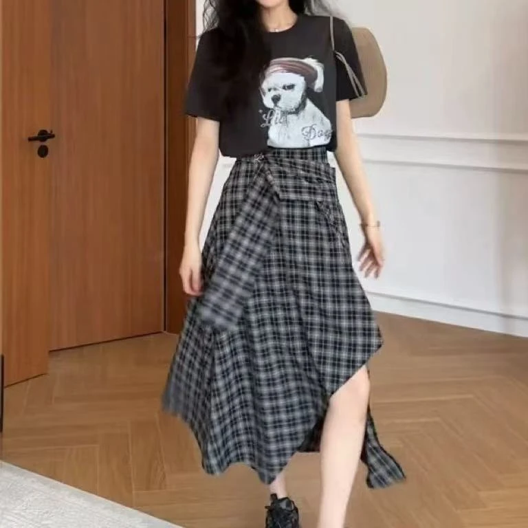 S2951 儿童复古狗狗印花短袖T恤+格子裙