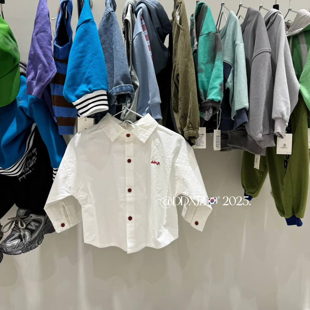 【滚滚家】春款儿童韩版休闲时尚拼色亮色男女童可穿纯色白衬衫1073