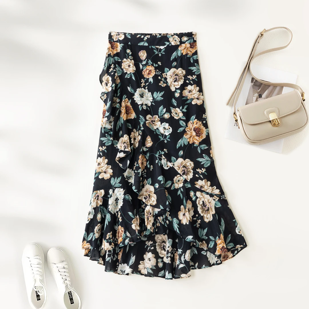 【现货】100%桑蚕丝！碎花茶歇裙 数兰朵春夏真丝印花飘逸透气中长裙