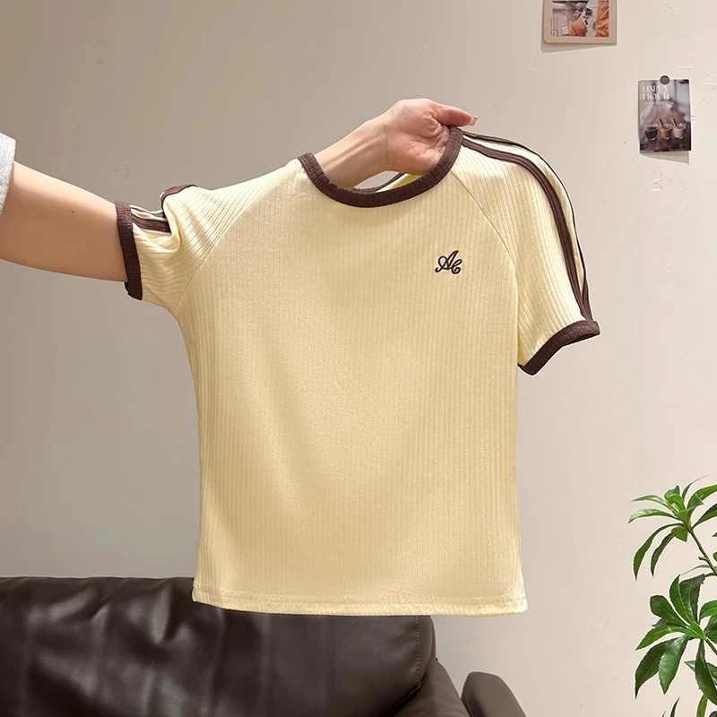 甜辣妹圆领撞色刺绣印花短袖T恤女装2025夏季修身显瘦百搭小上衣