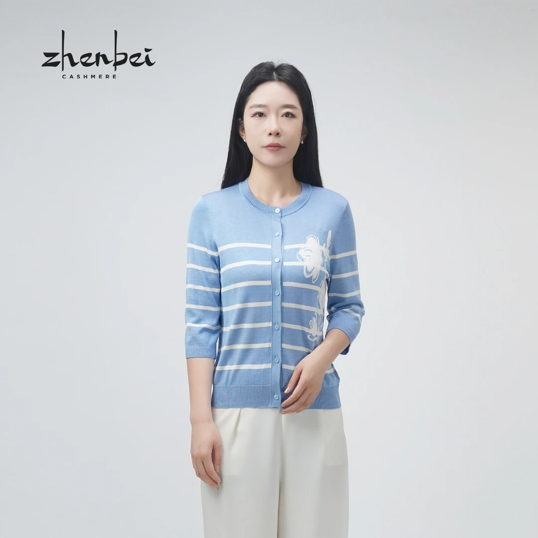 ZB/珍贝可机洗桑蚕丝提花女开衫/77505-1