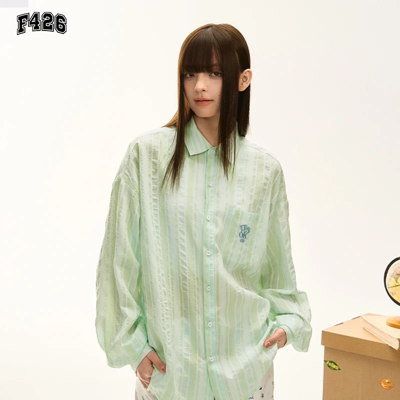 F426国潮牌春季新款美式休闲光泽感条纹肌理薄款衬衫6522