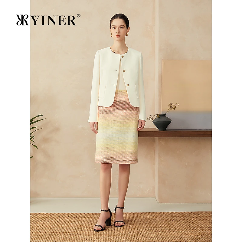 YINER音儿2025春季新款法式亮丝质感粗花呢直身廓形短外套