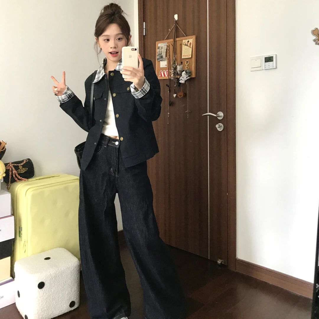 藏青复古翻领格纹夹克外套女早秋2025新款气质巨好看短款工装上衣