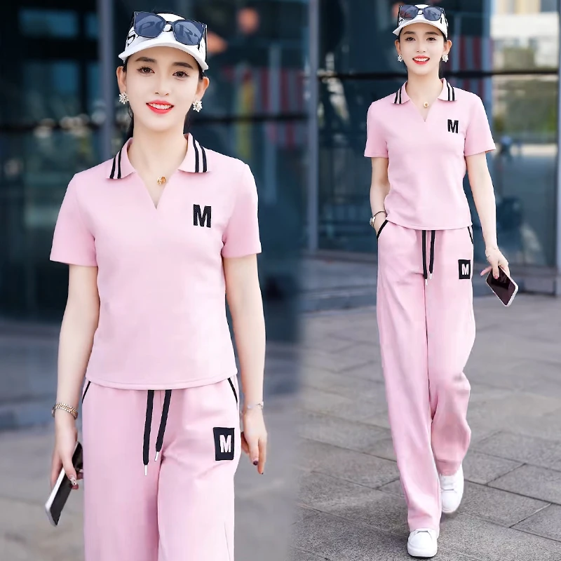 时尚休闲套装女2025夏季新款洋气减龄polo短袖运动直筒裤两件套